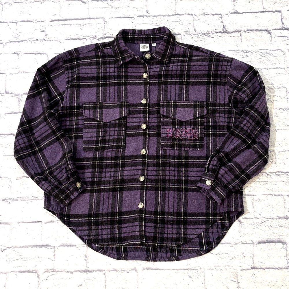 Marvel Black Panther Long Sleeve Button Down Shirt Purple Plaid Size Large NWT